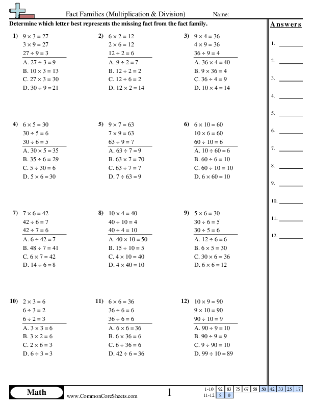 Find Missing Fact (Multiple Choice) worksheet